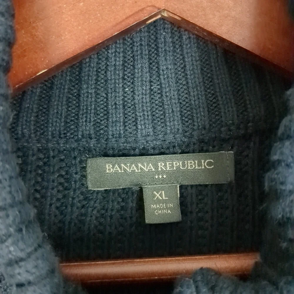 Banana Republic Mens XL Navy Blue Marled Colorblock Mock Neck Button‎ Sweater